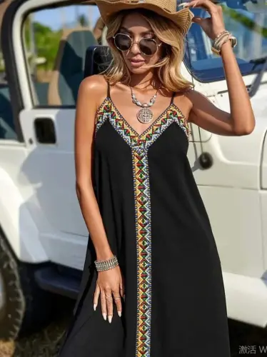 Kadın Askılı V Yakalı Etnik şerit Detaylı Uzun Viskon Elbise - 2