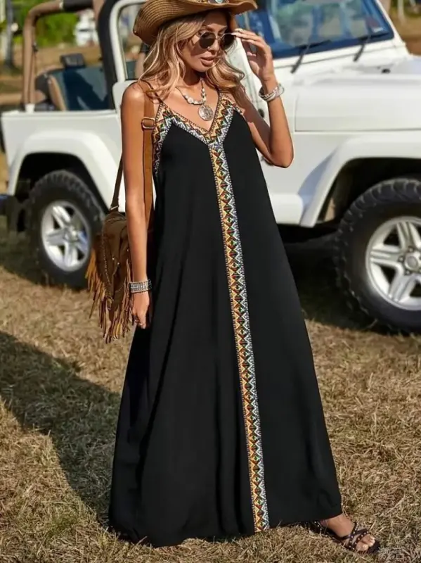 Kadın Askılı V Yakalı Etnik şerit Detaylı Uzun Viskon Elbise - 3