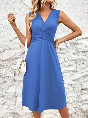 Kadın Askılı V Yakalı önde çapraz Detaylı Janjan Krep Elbise - 4