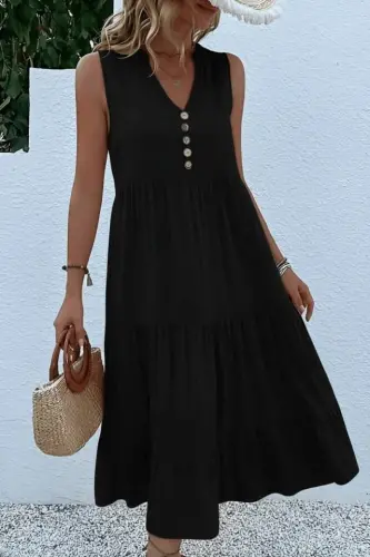 Kadın Askılı V Yakalı önden Düğmeli Midi Viskon Elbise - BÜYÜKBEDENIZ (1)