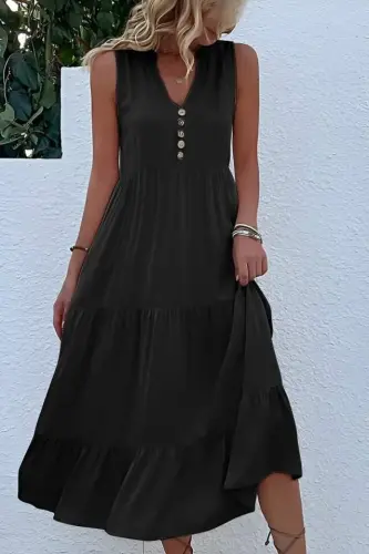 Kadın Askılı V Yakalı önden Düğmeli Midi Viskon Elbise - 1