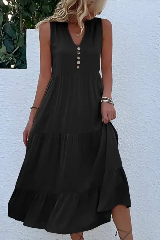 Kadın Askılı V Yakalı önden Düğmeli Midi Viskon Elbise - 1