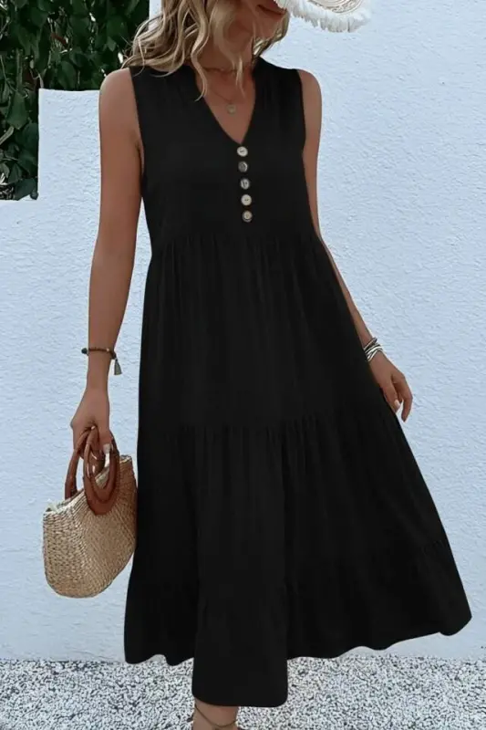 Kadın Askılı V Yakalı önden Düğmeli Midi Viskon Elbise - 2