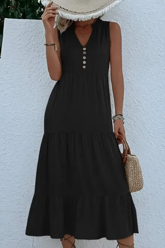 Kadın Askılı V Yakalı önden Düğmeli Midi Viskon Elbise - 3