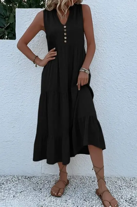 Kadın Askılı V Yakalı önden Düğmeli Midi Viskon Elbise - 4