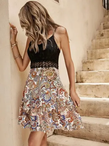 Kadın Askılı V Yakalı üst Dantel Alt Süprem Mini Elbise - 3