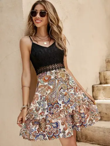 Kadın Askılı V Yakalı üst Dantel Alt Süprem Mini Elbise - 4