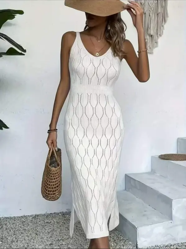 Kadın Askılı V Yakalı Uzun Triko Elbise - 3