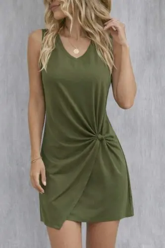 Kadın Askılı V Yakalı Yandan Asimetrik Detaylı Kısa Viskon Elbise - 3