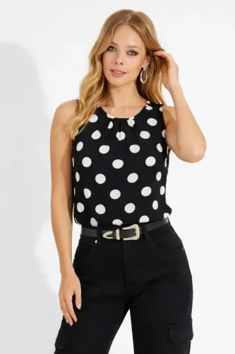 Kadın Askılı Yakası Büzgülü Puantiyeli Atlas Bluz - 6