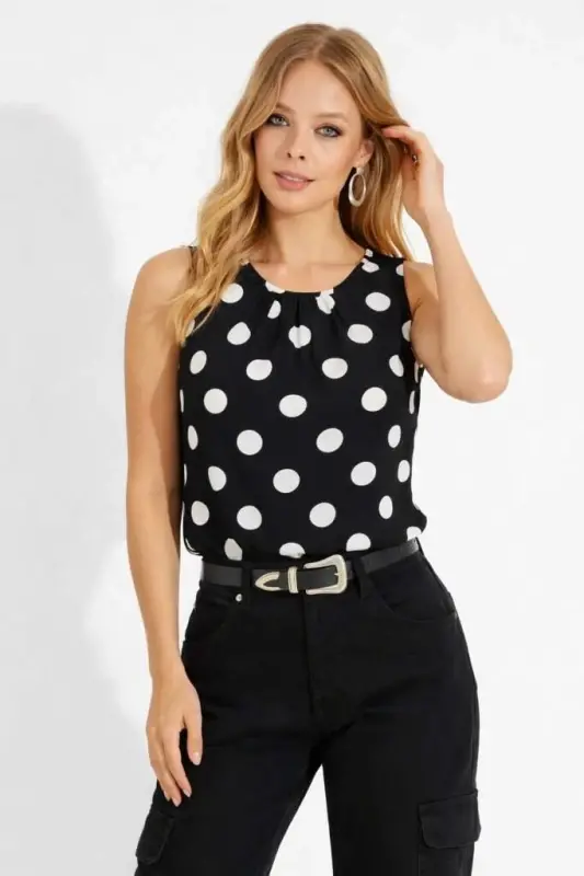 Kadın Askılı Yakası Büzgülü Puantiyeli Atlas Bluz - 6