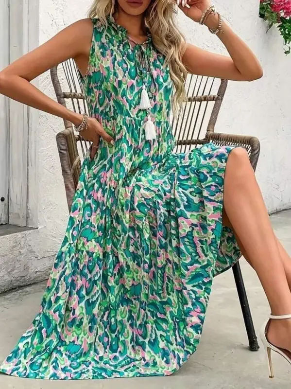 Kadın Askılı Yakası Fırfırlı Bağcıklı Desenli Uzun Süprem Elbise - BÜYÜKBEDENIZ