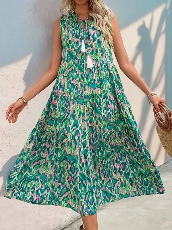 Kadın Askılı Yakası Fırfırlı Bağcıklı Desenli Uzun Süprem Elbise - 4