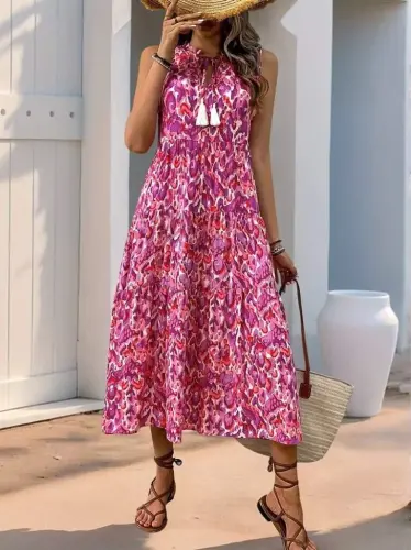 Kadın Askılı Yakası Fırfırlı Bağcıklı Desenli Uzun Süprem Elbise - BÜYÜKBEDENIZ (1)