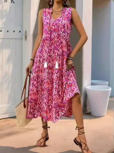 Kadın Askılı Yakası Fırfırlı Bağcıklı Desenli Uzun Süprem Elbise - 5