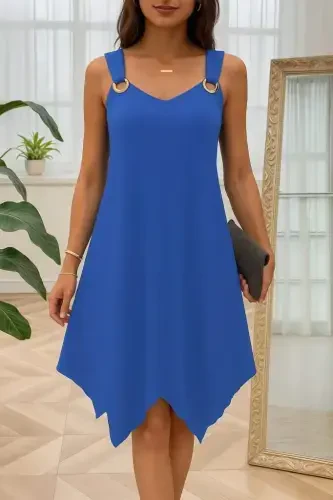 Kadın Askılı Yuvarlak Yaka Kuş Gözü Detaylı Asimetrik Viskon Elbise - 1