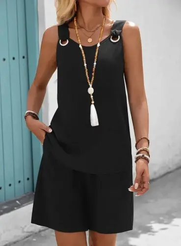 Kadın Askılı Yuvarlak Yaka Kuş Gözü Detaylı Bürümcük Bluz Ve Short Ikili Takım - 1