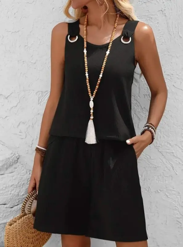 Kadın Askılı Yuvarlak Yaka Kuş Gözü Detaylı Bürümcük Bluz Ve Short Ikili Takım - 2