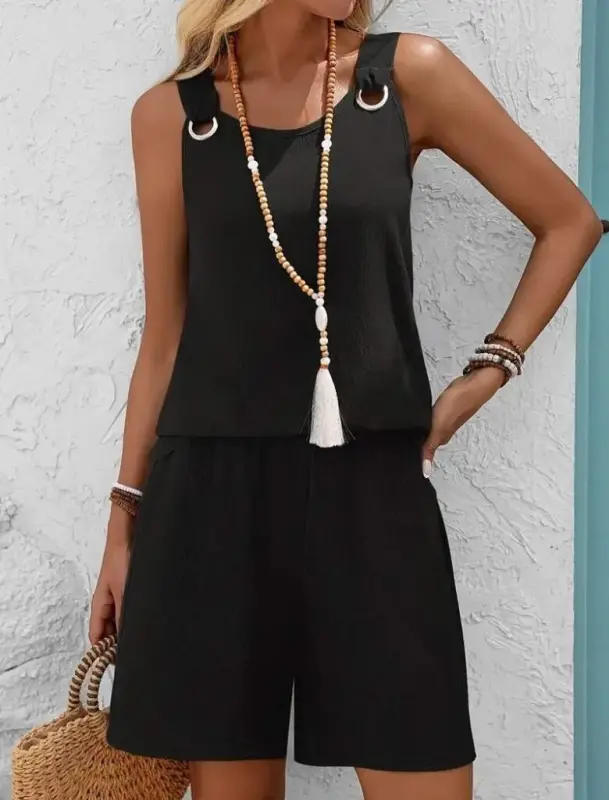 Kadın Askılı Yuvarlak Yaka Kuş Gözü Detaylı Bürümcük Bluz Ve Short Ikili Takım - 3