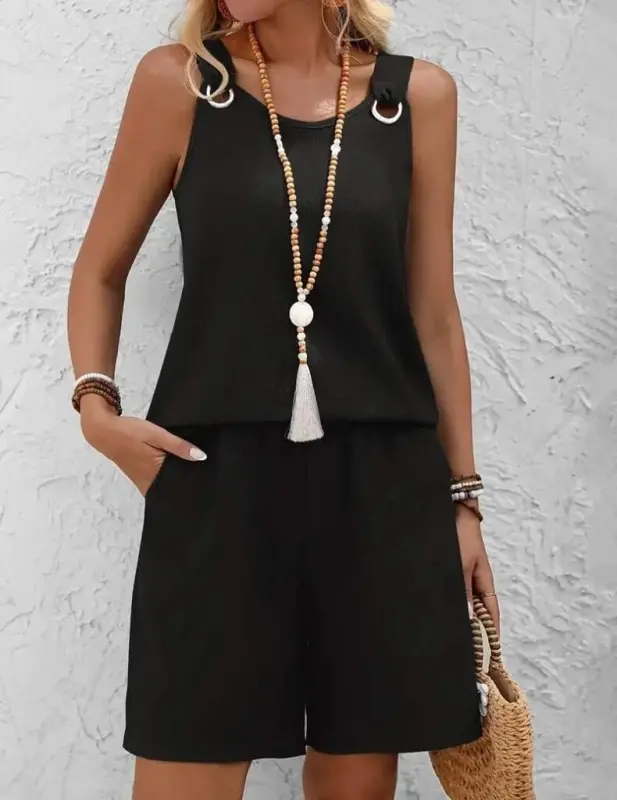 Kadın Askılı Yuvarlak Yaka Kuş Gözü Detaylı Bürümcük Bluz Ve Short Ikili Takım - 5