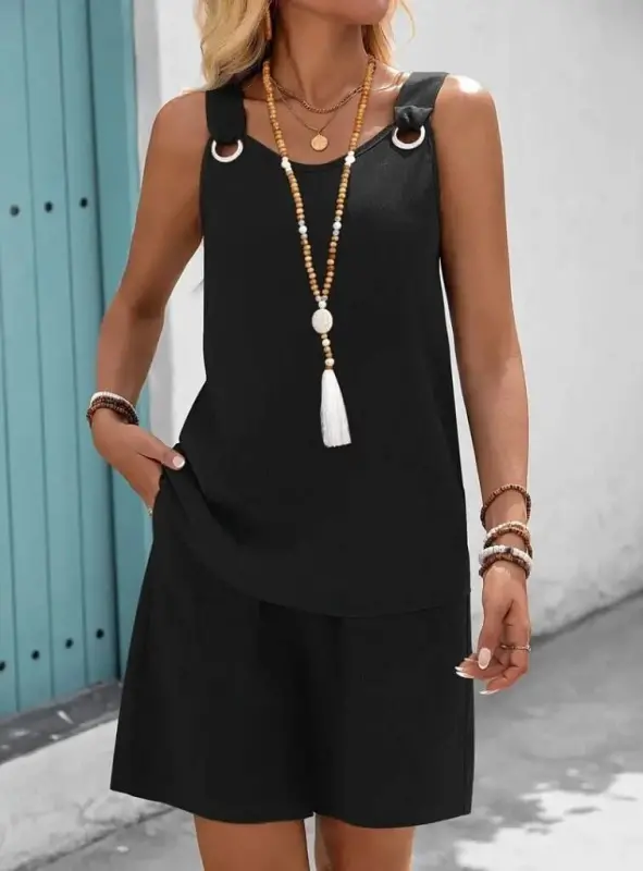 Kadın Askılı Yuvarlak Yaka Kuş Gözü Detaylı Bürümcük Bluz Ve Short Ikili Takım - BÜYÜKBEDENIZ