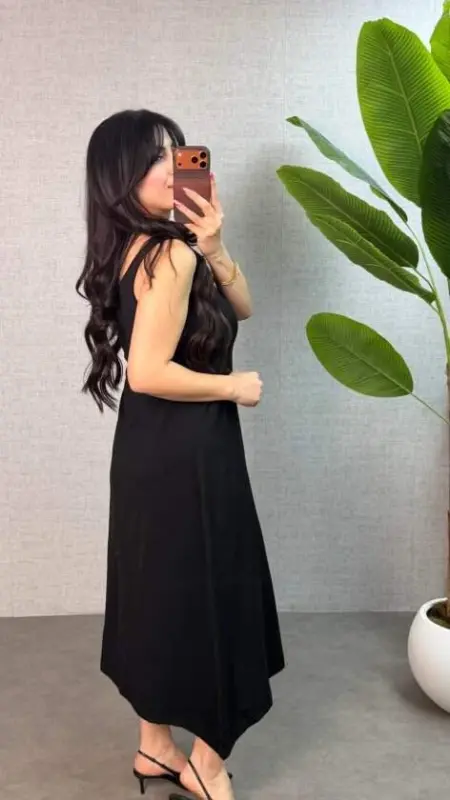 Kadın Askılı Yuvarlak Yaka Süprem Kumaş Elbise - 3