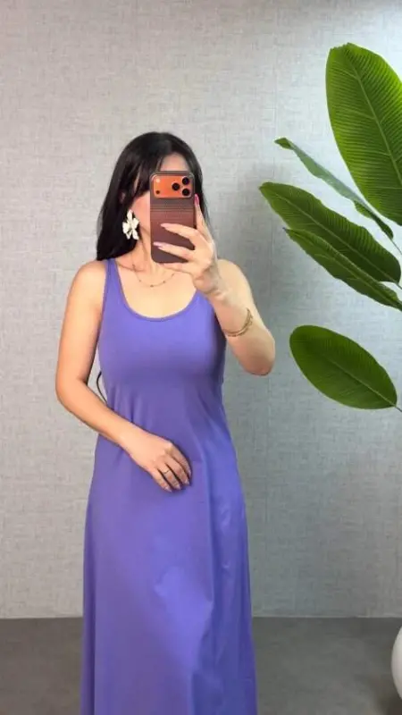 Kadın Askılı Yuvarlak Yaka Süprem Kumaş Elbise - BÜYÜKBEDENIZ