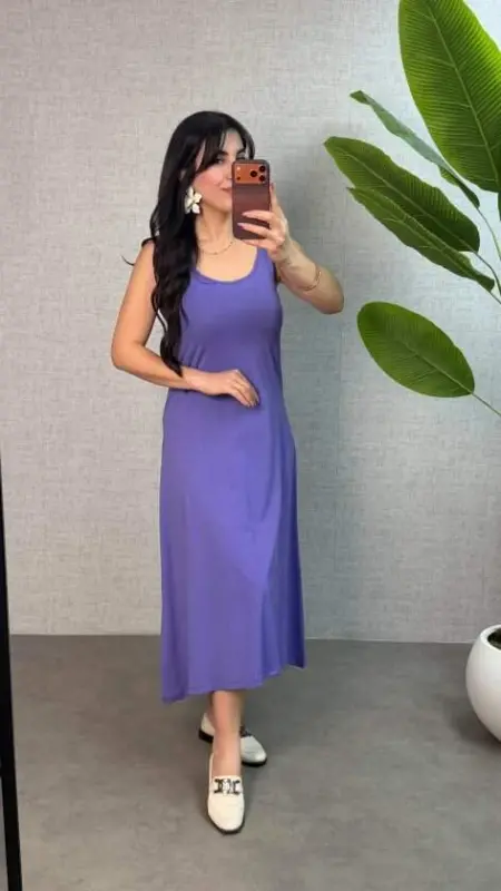 Kadın Askılı Yuvarlak Yaka Süprem Kumaş Elbise - 2