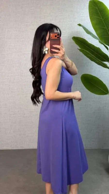 Kadın Askılı Yuvarlak Yaka Süprem Kumaş Elbise - 3