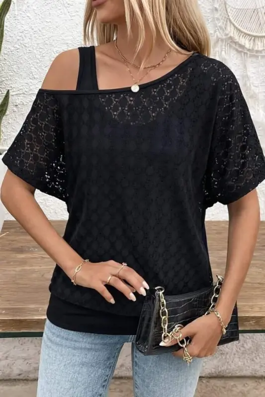 Kadın Askılı Yuvarlak Yaka Viskon Atlet Ve Yarasa Kollu Omuzdan Açık Dantel Bluz Ikili Takım - 4