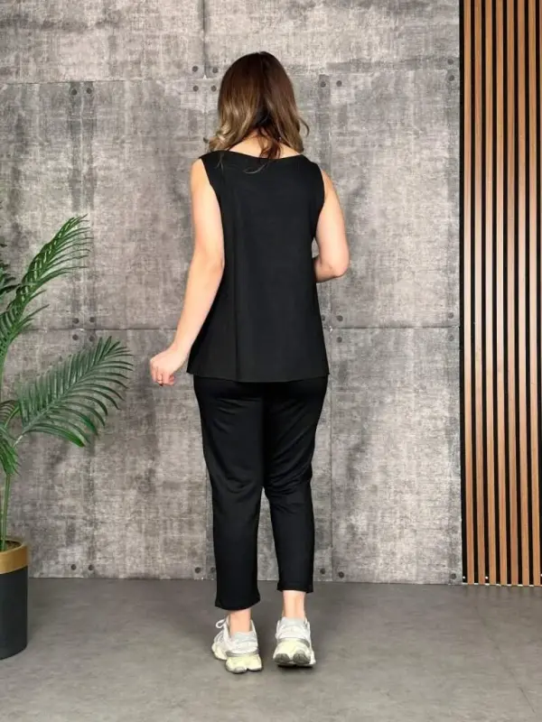 Kadın Askılı Yuvarlak Yaka Viskon Iki Iplik Bluz Ve Eşofman Altı Ikili Takım - 3