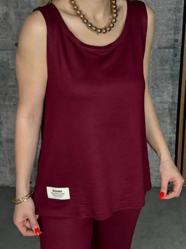 Kadın Askılı Yuvarlak Yaka Viskon Iki Iplik Bluz Ve Eşofman Altı Ikili Takım - 2