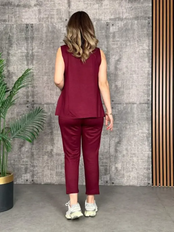 Kadın Askılı Yuvarlak Yaka Viskon Iki Iplik Bluz Ve Eşofman Altı Ikili Takım - 4