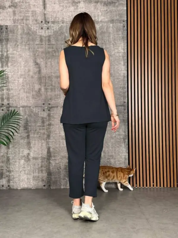 Kadın Askılı Yuvarlak Yaka Viskon Iki Iplik Bluz Ve Eşofman Altı Ikili Takım - 3