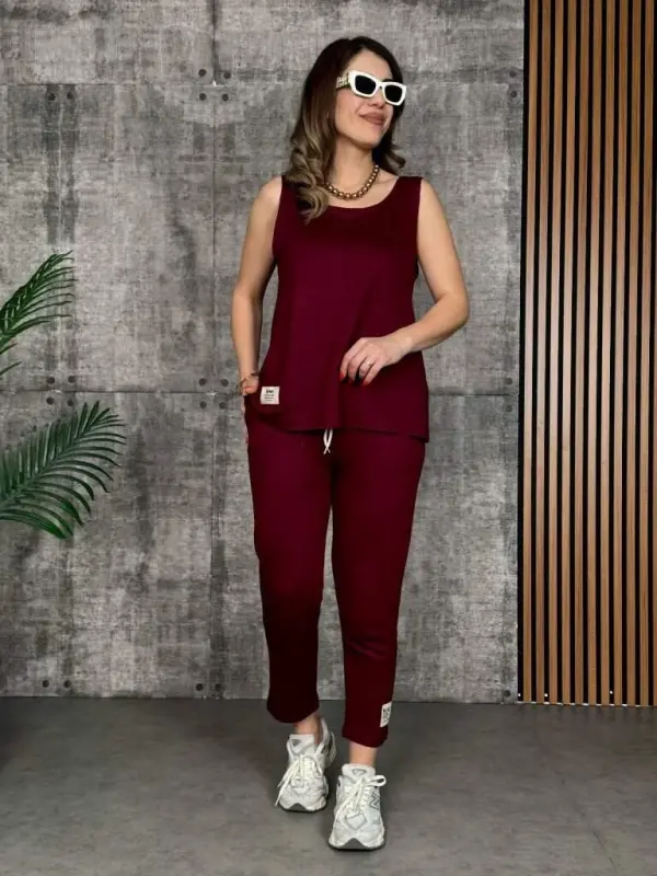 Kadın Askılı Yuvarlak Yaka Viskon Iki Iplik Bluz Ve Eşofman Altı Ikili Takım - 1