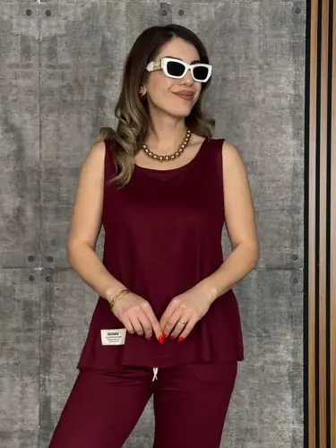 Kadın Askılı Yuvarlak Yaka Viskon Iki Iplik Bluz Ve Eşofman Altı Ikili Takım - 3