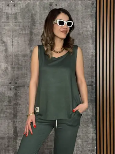 Kadın Askılı Yuvarlak Yaka Viskon Iki Iplik Bluz Ve Eşofman Altı Ikili Takım - 2