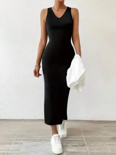 Kadın Askılı Yuvarlak Yaka Viskon Iki Iplik Elbise Ve V Yakalı Bluz Ikili Takım - 3