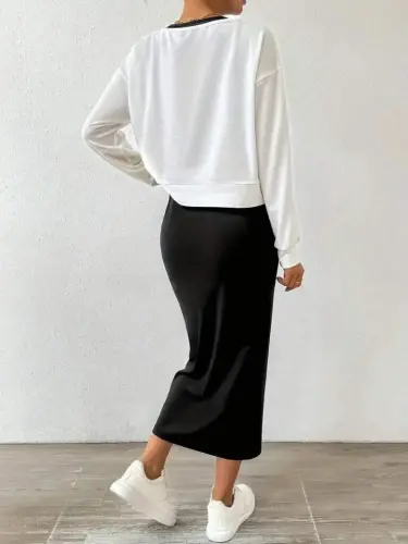 Kadın Askılı Yuvarlak Yaka Viskon Iki Iplik Elbise Ve V Yakalı Bluz Ikili Takım - 4