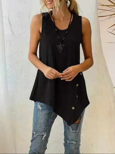 Kadın Askılı Yuvarlak Yakalı Asimetrik Kesim Detaylı Viskon Bluz - 3