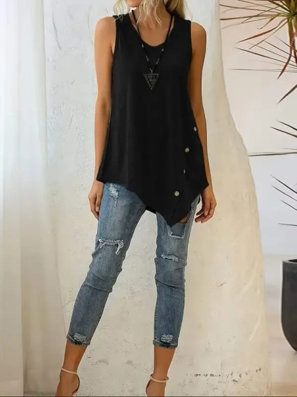 Kadın Askılı Yuvarlak Yakalı Asimetrik Kesim Detaylı Viskon Bluz - 5