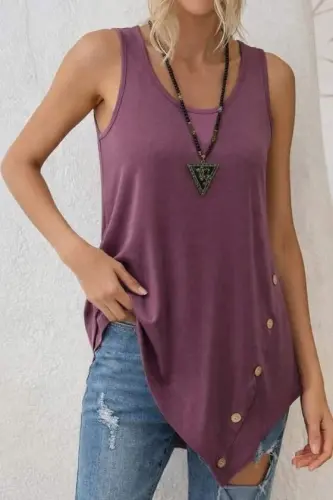 Kadın Askılı Yuvarlak Yakalı Asimetrik Kesim Detaylı Viskon Bluz - 3