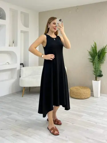 Kadın Askılı Yuvarlak Yakalı Asimetrik Kesim Detaylı Viskon Elbise - 4