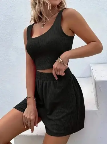 Kadın Askılı Yuvarlak Yakalı Burgu Krop Ve Bluz Short Ikili Takım - 1