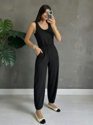 Kadın Askılı Yuvarlak Yakalı Cepli Viskon Tulum - BÜYÜKBEDENIZ (1)