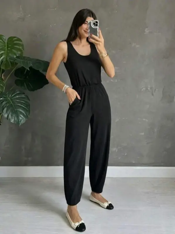 Kadın Askılı Yuvarlak Yakalı Cepli Viskon Tulum - 2