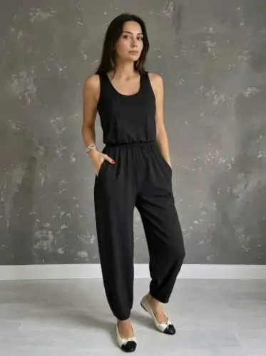 Kadın Askılı Yuvarlak Yakalı Cepli Viskon Tulum - 3