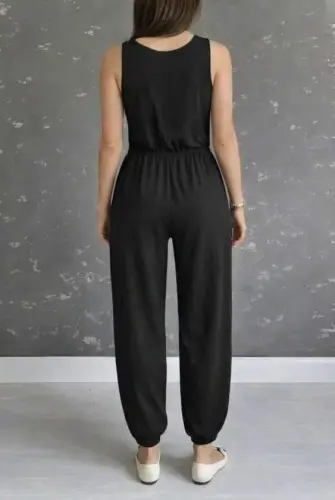 Kadın Askılı Yuvarlak Yakalı Cepli Viskon Tulum - 4