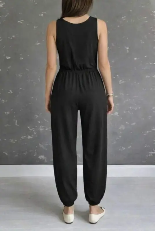 Kadın Askılı Yuvarlak Yakalı Cepli Viskon Tulum - 4