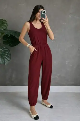 Kadın Askılı Yuvarlak Yakalı Cepli Viskon Tulum - BÜYÜKBEDENIZ (1)